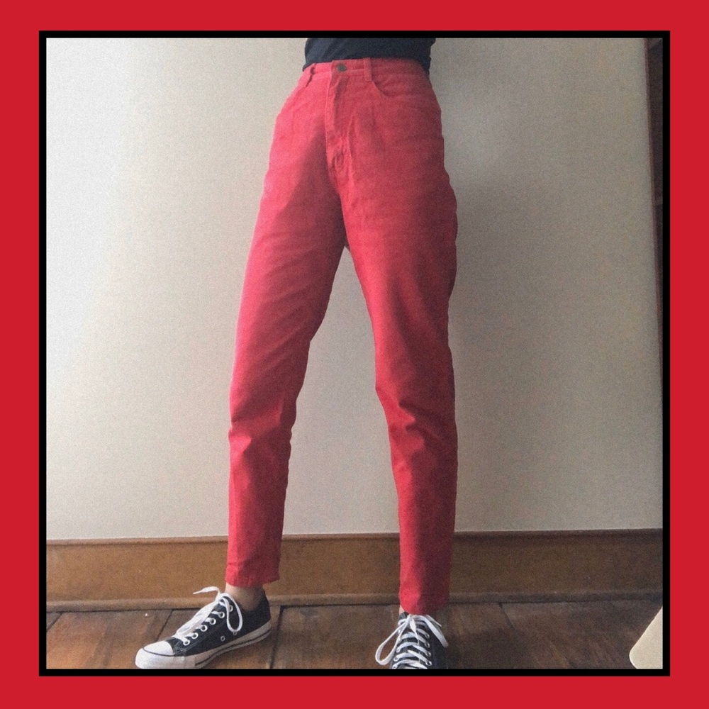 Red denim high waisted jeans